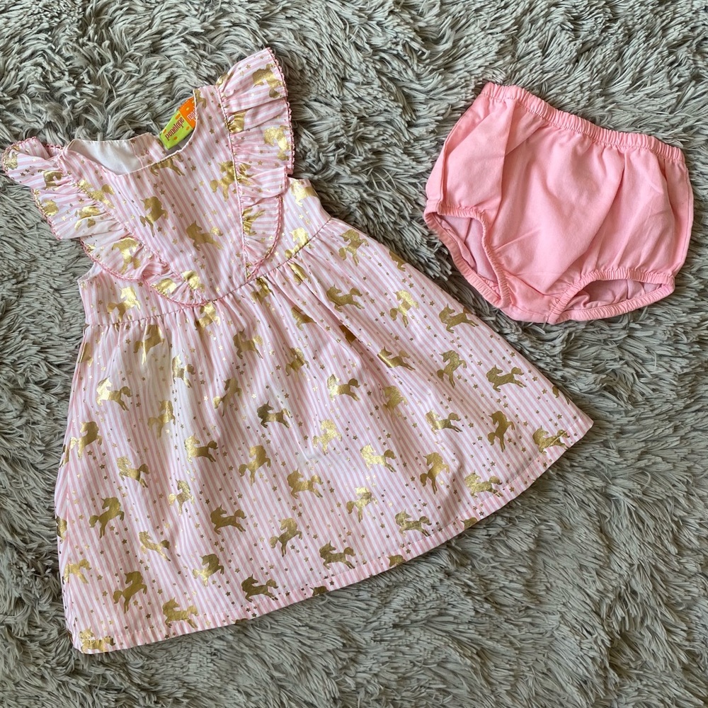 Pre-Owned Penelope Mack Pink and Gold Unicorn Summer Dress (Size: 18 Months)